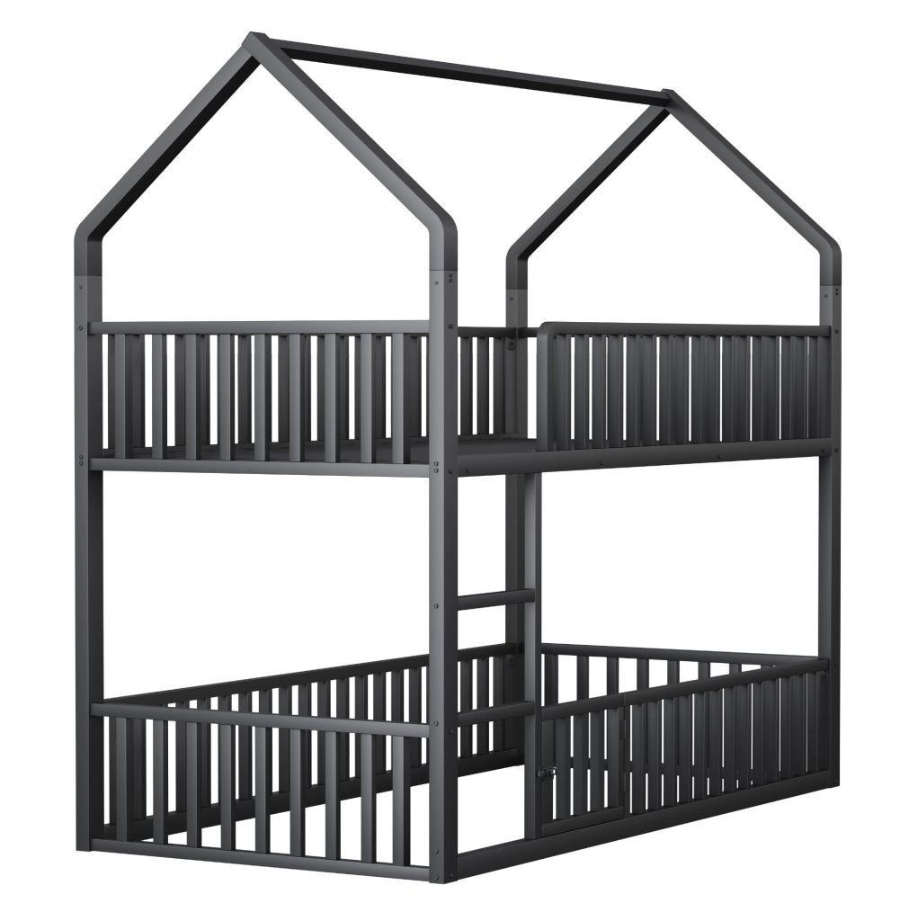 Letto a castello in metallo 90x200 cm con scala frontale e porta apribile; nero