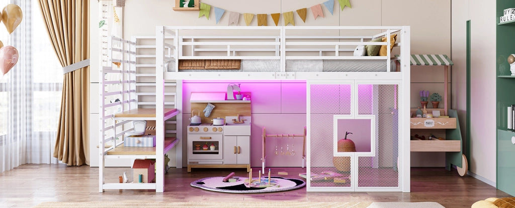 LETTO A SOPPALCO 90x200 cm in metallo bianco con scala e LED