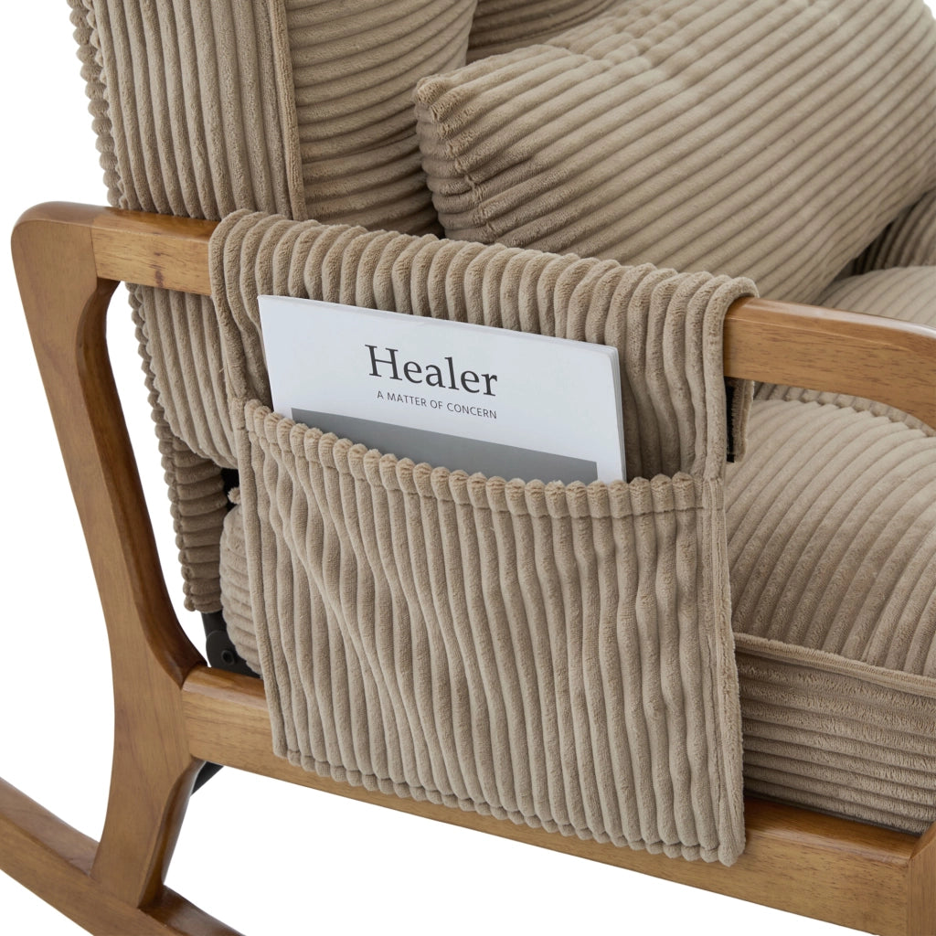Sedia a dondolo 70x80x92 cm con poggiapiedi; tasca laterale e schienale regolabile in cord khaki