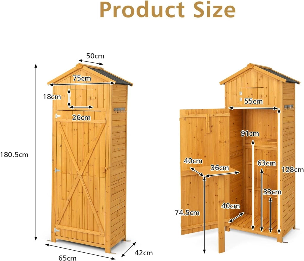 Casetta da Giardino in legno, Capanno per Attrezzi Multifunzione, Armadietto da Giardino con Tetto a 2 Falde, Scaffale, Tavolo Pieghevole, 65 x 42 x 180,5 cm, Colore Naturale