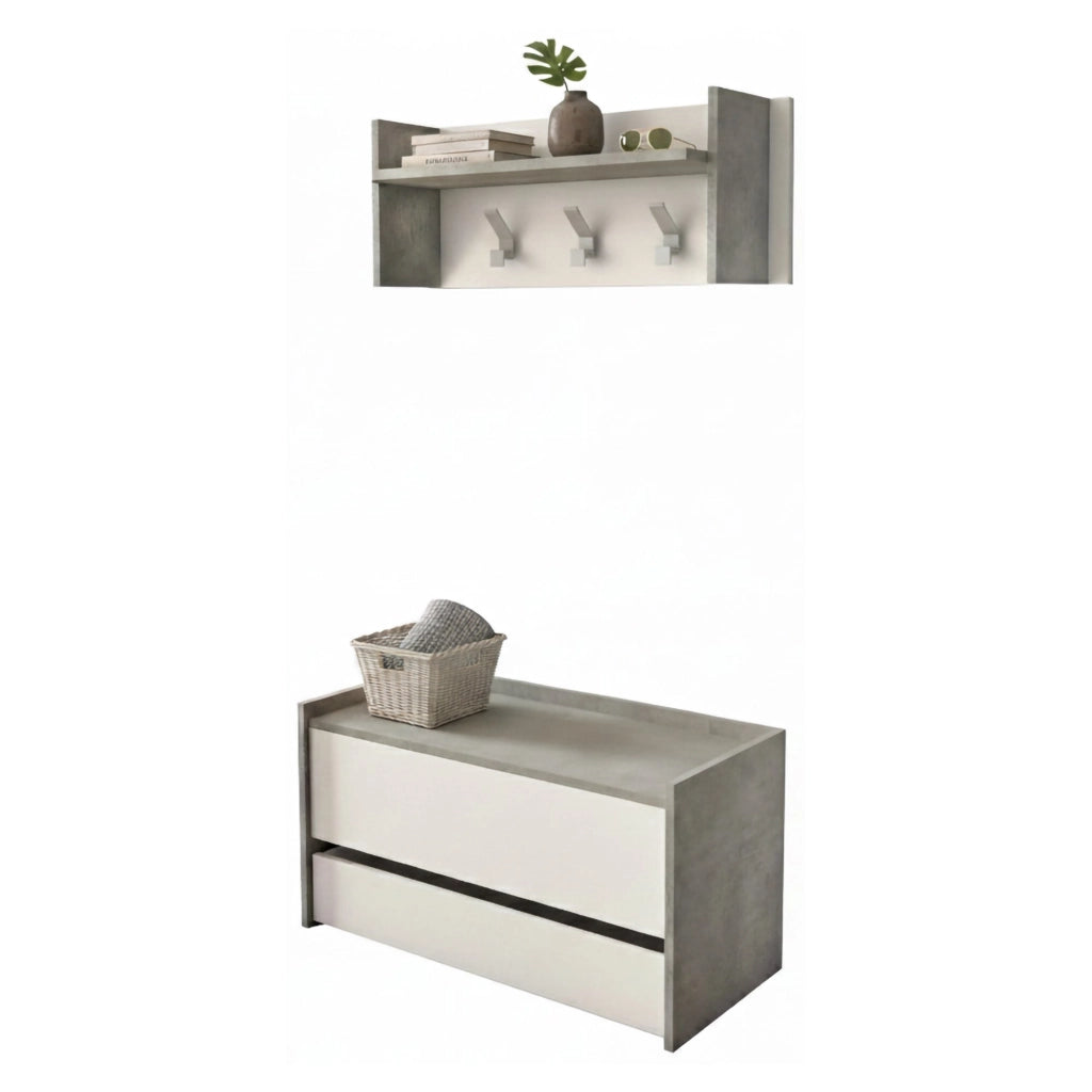 Mobile da ingresso Actinolite, Entratina moderna con appendiabiti, Mobile con scarpiera, Armadietto multifunzione, Cm 50x32h182, Cemento e Bianco