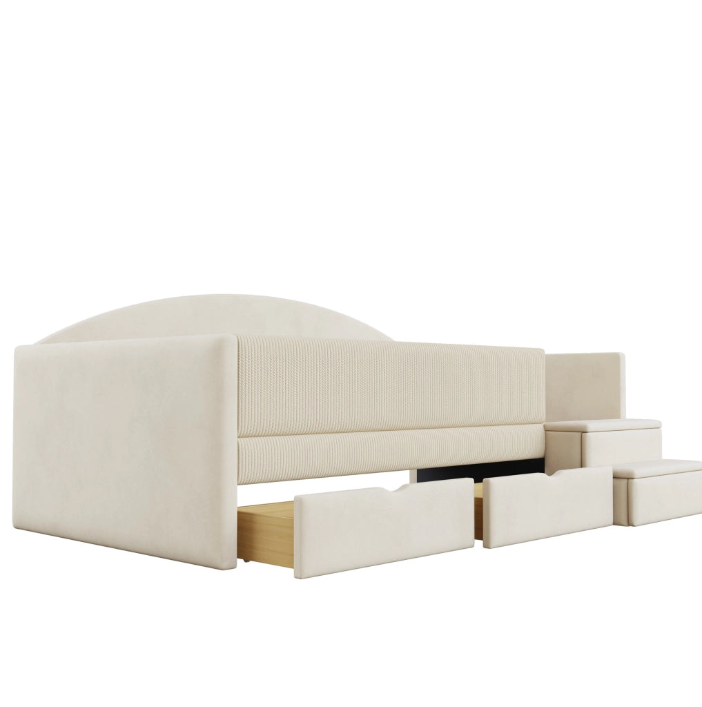 Letto imbottito per bambini 90x190 cm in velluto beige con 2 cassetti e gradini di sicurezza