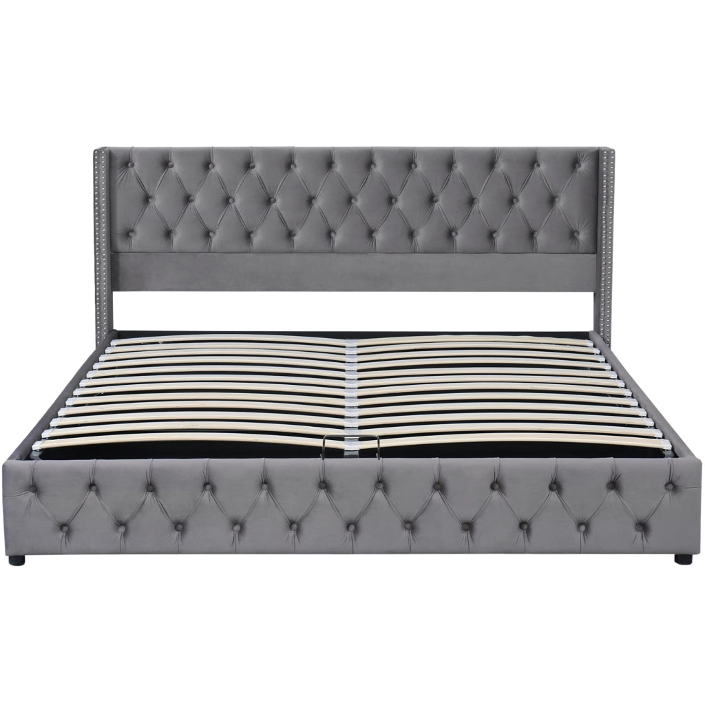 Letto imbottito grigio in velluto con vano contenitore 140 x 200 cm