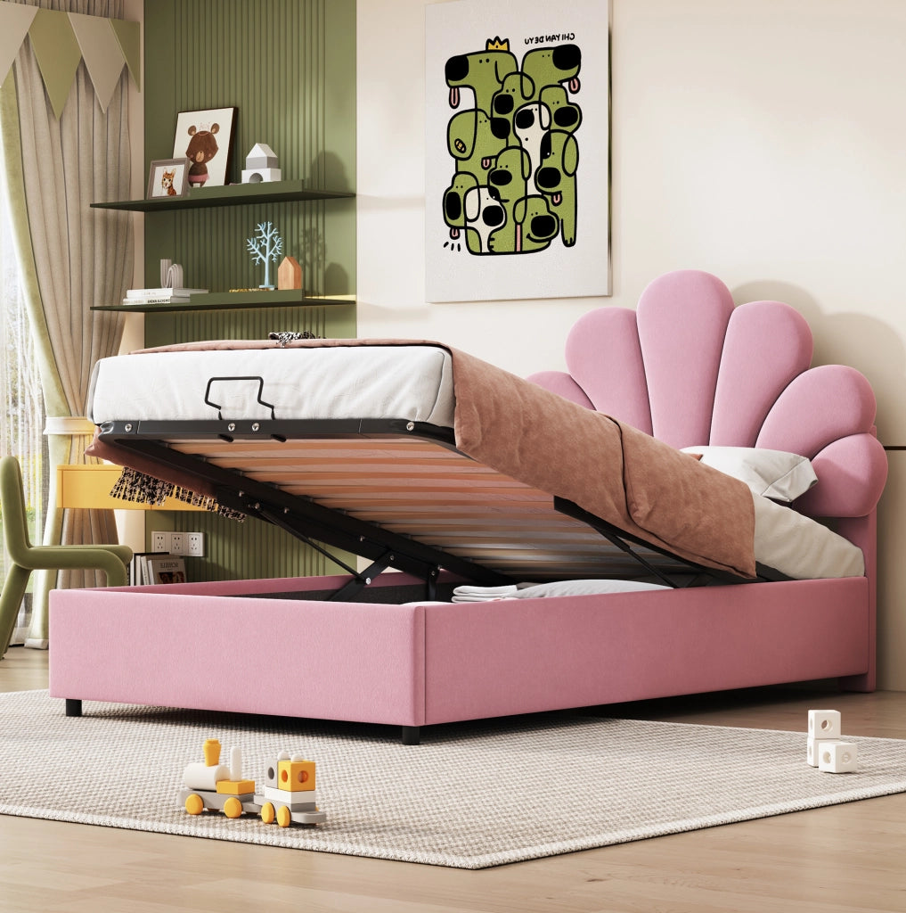 Letto singolo imbottito 90x200 cm in velluto rosa con contenitore idraulico e testiera decorativa