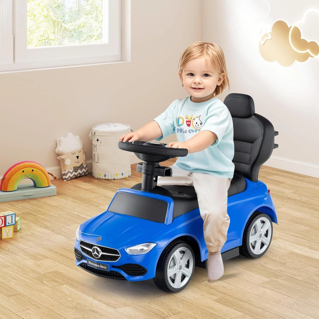 3 in 1 Auto a Spinta, Mercedes-Benz Macchina Cavalcabile, con Schienale Regolabile Suono Barra di Spinta e Tettuccio, per Bambini 18-36 Mesi (Blu)