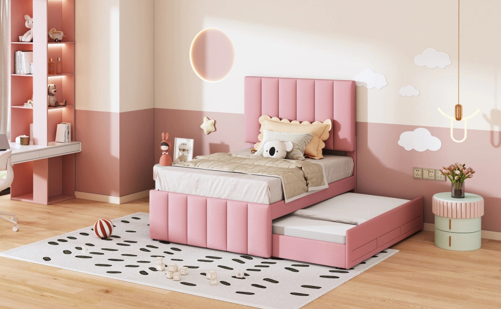 DESMIU Letto estraibile singolo con 3 cassetti e testiera regolabile 90 × 200 e 90 × 190 cm, senza materasso, rosa
