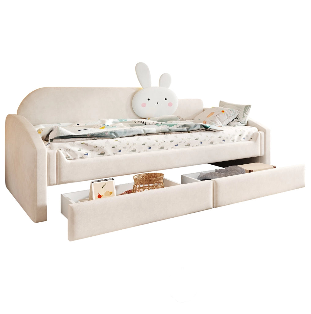 Letto imbottito 90x200 cm con cassetti e LED in velluto beige