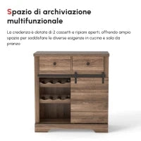 Mobile da Cucina Rustico con 2 Cassetti, Ripiani Aperti e Portabottiglie, Credenza Buffet in Legno e Metallo, 80x39x86 cm, Color legno