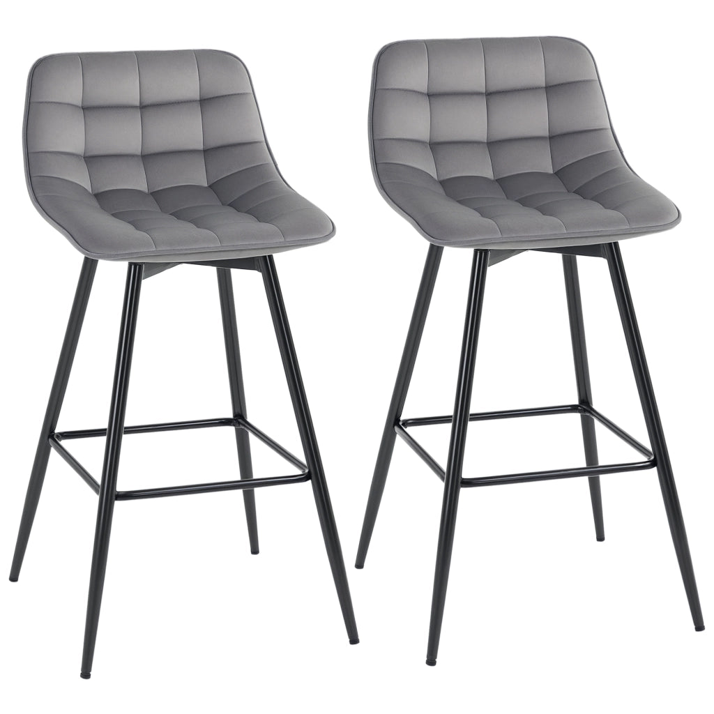 Set 2 Sgabelli Alti in Stile Nordico con Schienale e Poggiapiedi, Sgabelli con Schienale in Tessuto Effetto Velluto e Metallo, 45x47x88 cm, Grigio