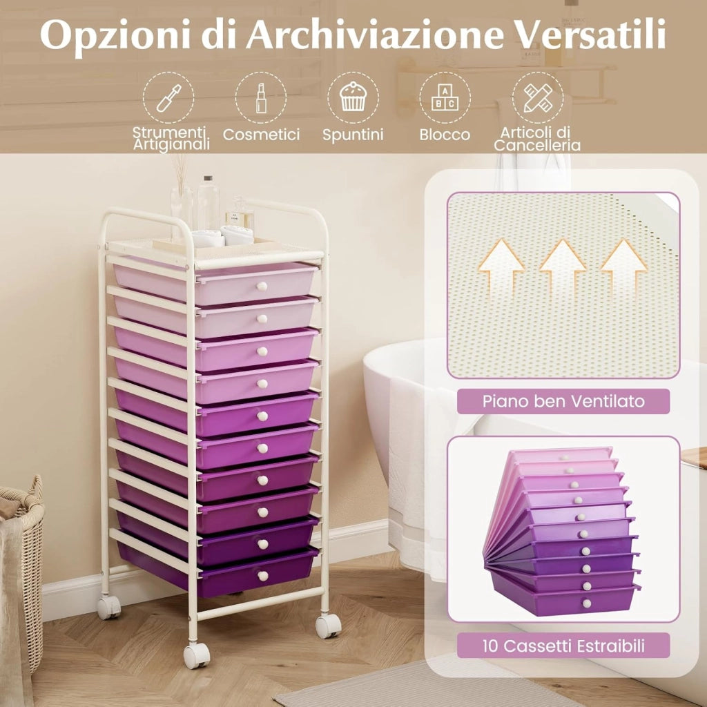 Carrello con 10 Cassetti da Stoccaggio, Cassettiera di Metallo e Plastica, Contenitore Multiuso con Ruote a Freno, per Casa e Ufficio (Viola)