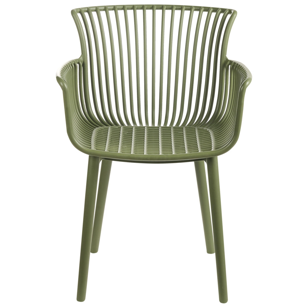 Set di 4 sedie da pranzo in plastica verde per interni ed esterni da giardino con braccioli in stile minimalista