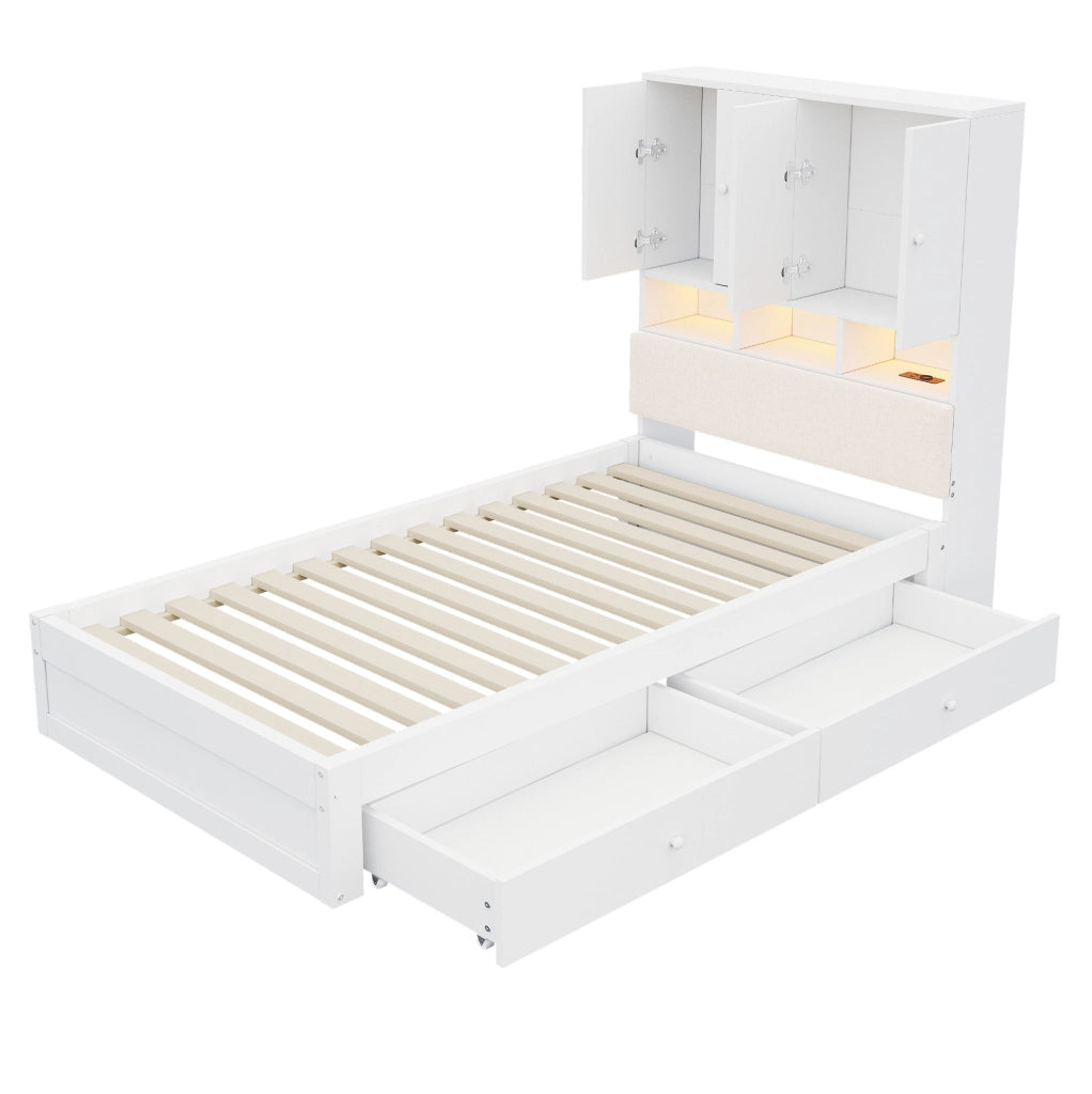 Letto singolo multifunzionale con contenimento, LED e presa integrata