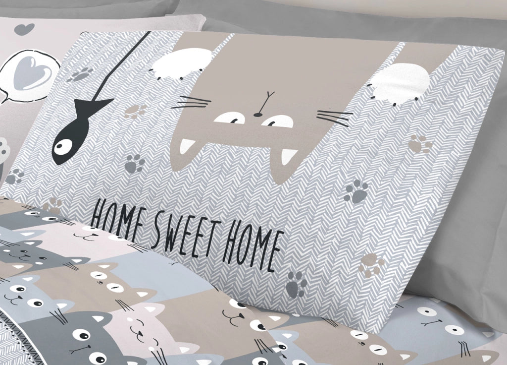 Completo Lenzuola Letto Pensieri Delicati 100% Cotone Disegno Happy Cat - Singolo - Grigio
