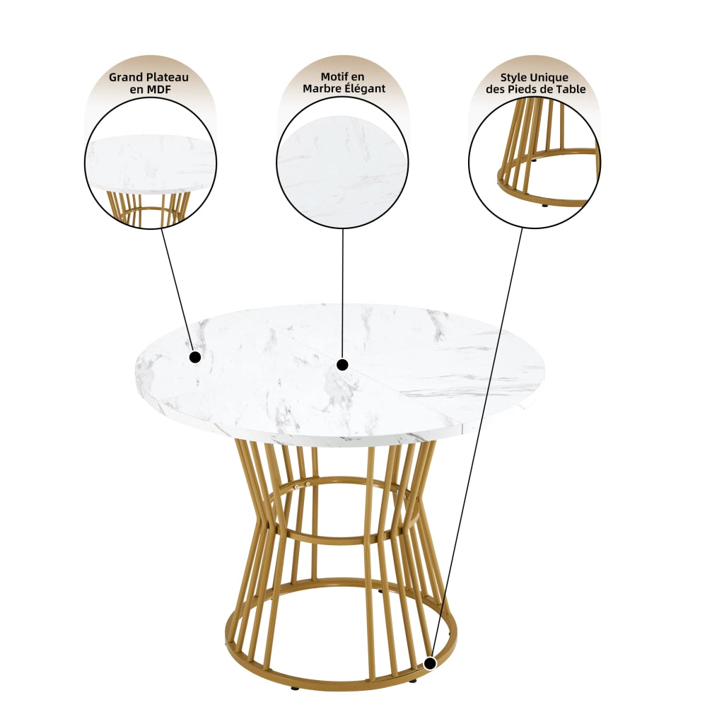 Tavolo da pranzo rotondo con piano in MDF effetto marmo, base in metallo, per cucina e soggiorno, bianco, Ø 100 cm