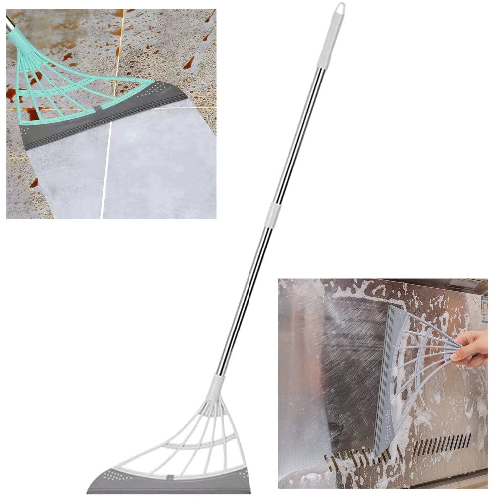 Trade Shop - Scopa Pieghevole 2 In 1 Tergivetro Mop In Silicone Spazza E Lava Pavimenti Vetri -