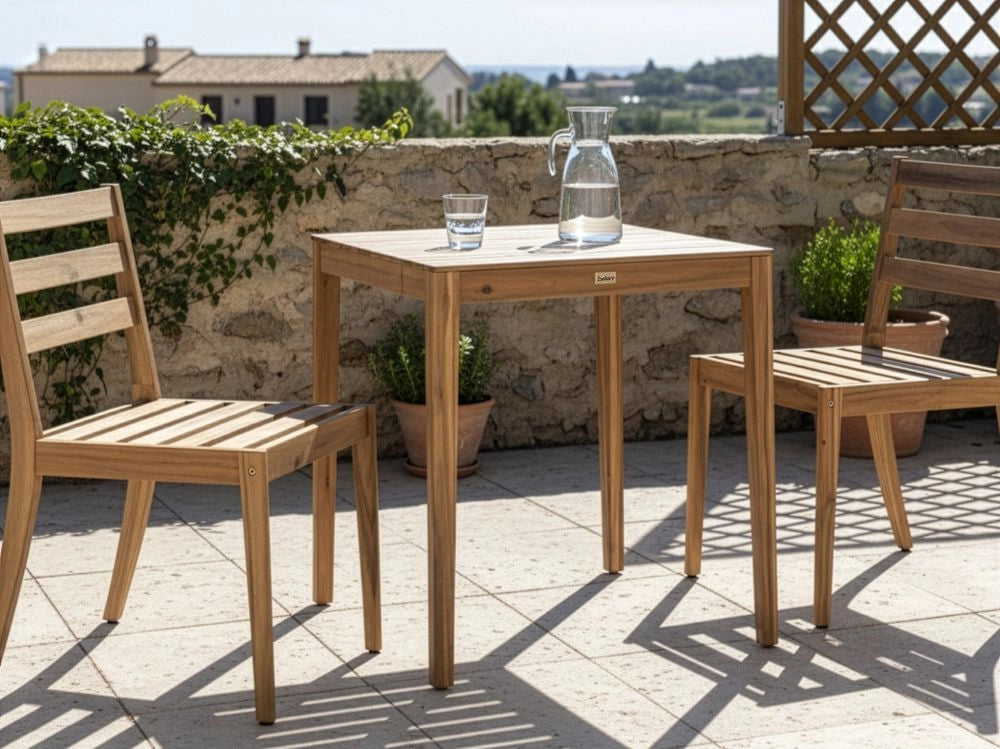 Tavolo da giardino marrone chiaro in legno di acacia certificato 70 x 70 cm piano rettangolare stile rustico da esterno
