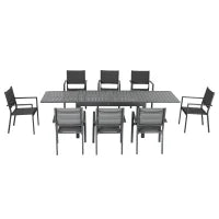 Salotto da Giardino con Tavolo Estensibile 135-270 cm e 8 Sedie Impilabili in Alluminio e Textilene, per 6/10 Persone, Grigio