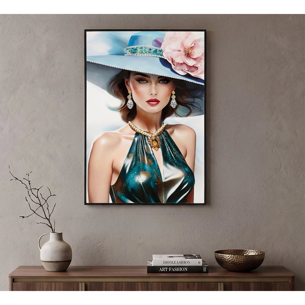 Dipinto su tela Pam A dama glam con cappello fiorito, 62x92 cm