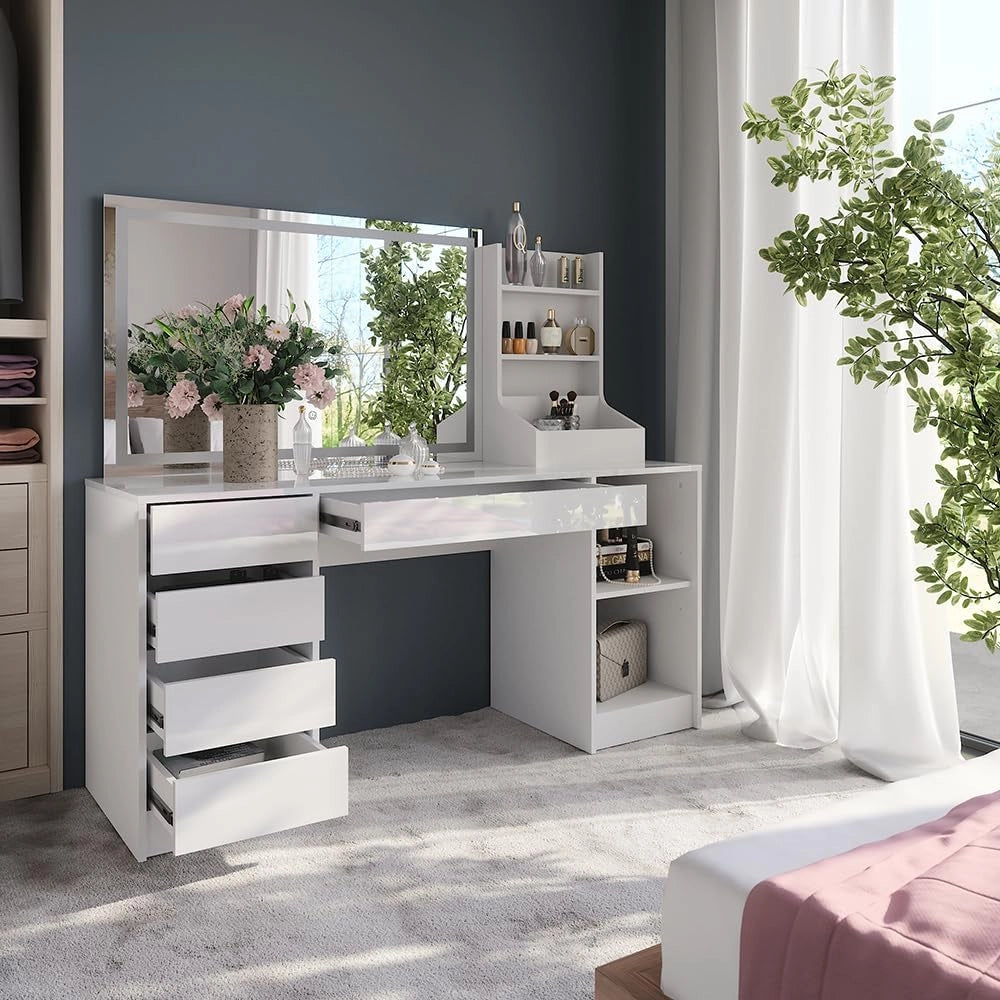 Tavolo da toeletta Sherry, Bianco/bianco lucido, 158.2 cm 3 parti