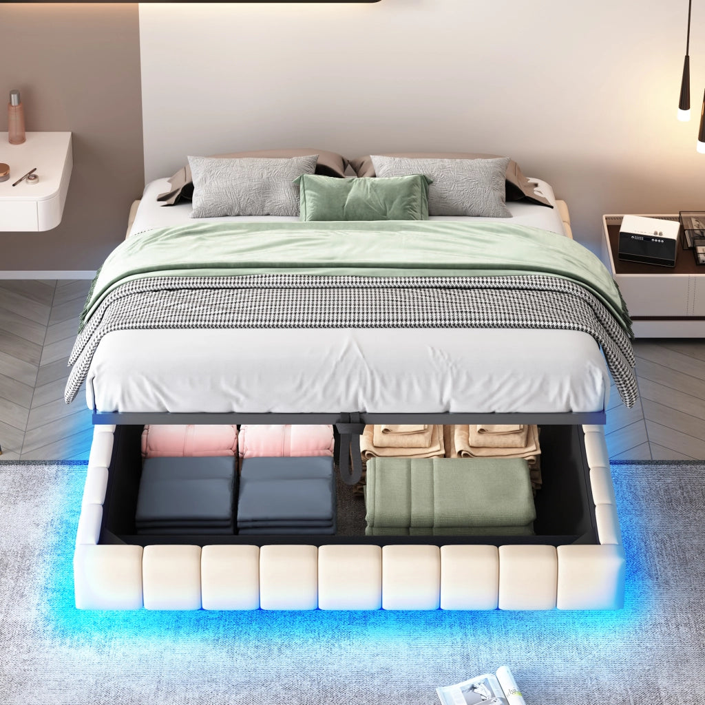 OKWISH Letto Contenitore 160×200 cm, Letto Matrimoniale con LED Regolabile e Vano Contenitore a Sollevamento, senza Materasso, Beige