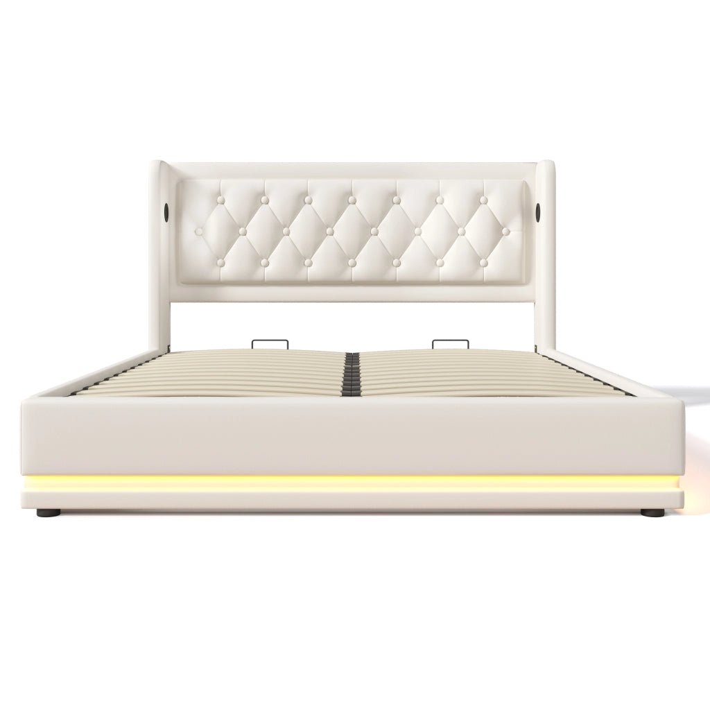 Letto matrimoniale 140x200 cm in PU bianco con contenitore, testiera imbottita, ricarica USB Type-C e LED a 3 lati