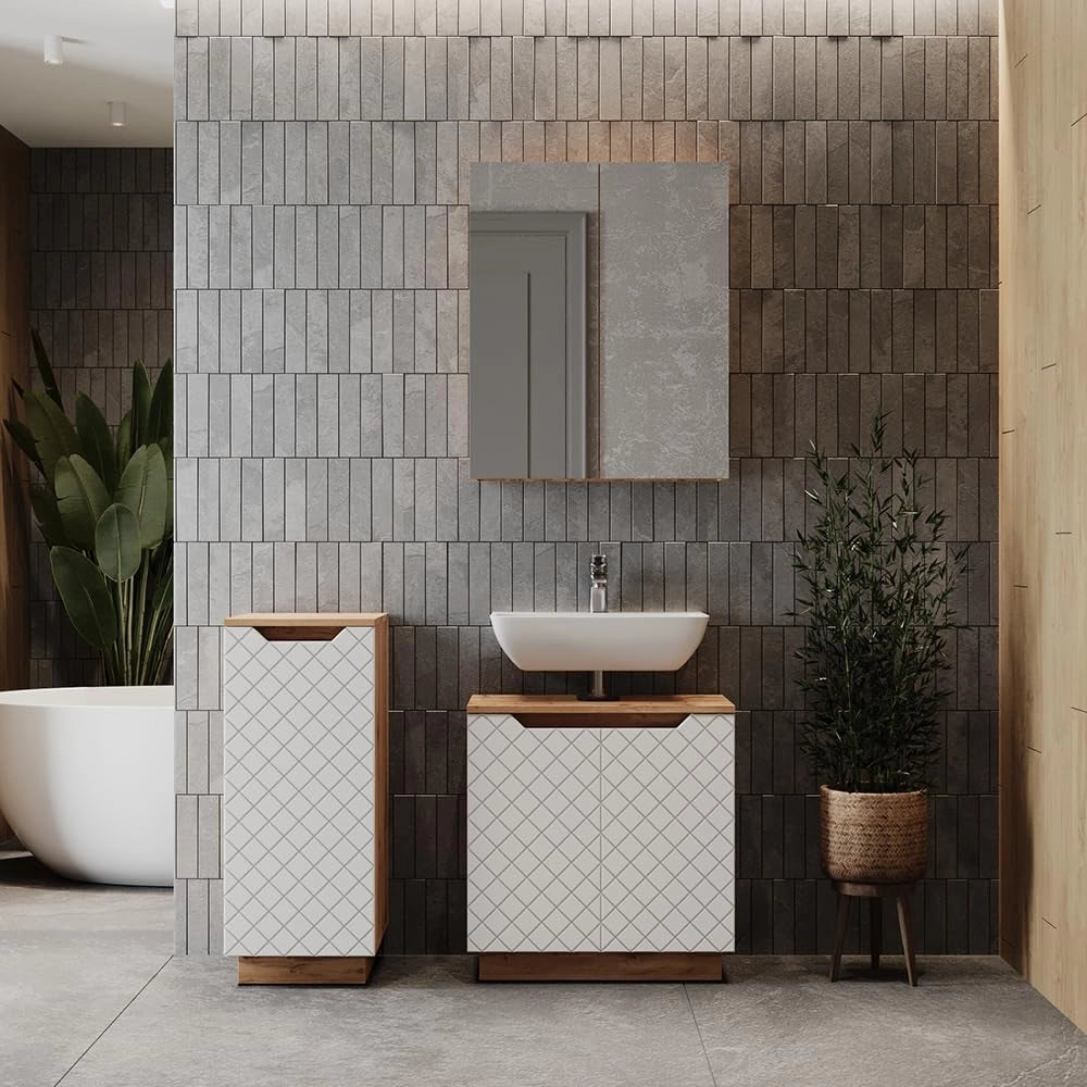 Set di mobili da bagno Lotta, Bianco, 59.8 cm, composto da mobile sottolavabo, specchiera e mobile medio