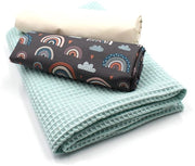 Set di stoffa per wafel piqué + set di tessuti in cotone, tessuto coordinato per wafel in cotone 100% Tex Standard 100 (Set03 Regenbogen Pastello Grigio)
