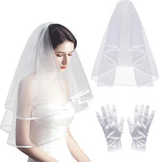 Slancio di velluto bianco 80 cm - guanti corti bianchi di seta - accessori da sposa - kit di sfondo per foto - velo da sposa tulle e pettine - bianco - Dimensione unica.