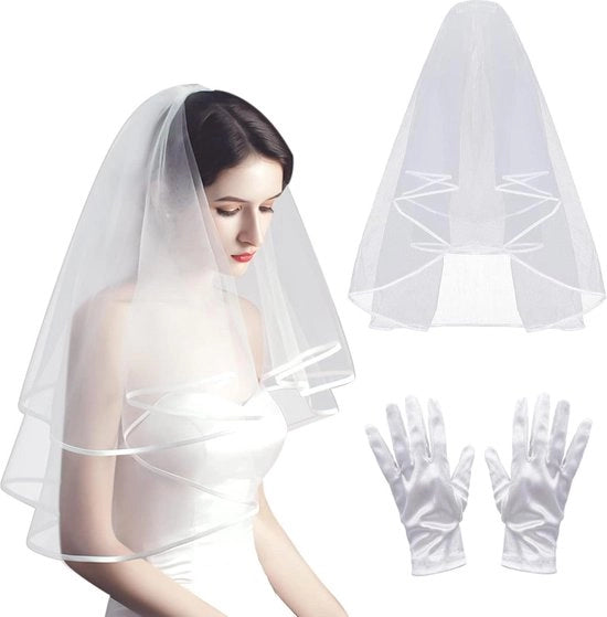 Slancio di velluto bianco 80 cm - guanti corti bianchi di seta - accessori da sposa - kit di sfondo per foto - velo da sposa tulle e pettine - bianco - Dimensione unica.