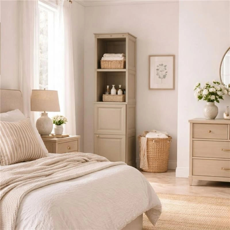 MOBILE BAGNO SALVASPAZIO 4 MODULI TAUPE 40X43X164 CM CON ANTA EFFETTO LEGNO E RIPIANI A VISTA – MOBILE CONTENITORE VERTICALE PER ARREDO BAGNO