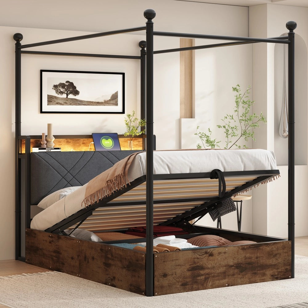 Letto Singolo in Metallo con Baldacchino e Contenitore Idraulico ¨C MINIMAL ¨C Nero, LED, 90x190