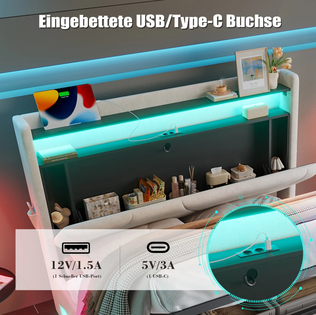 Letto matrimoniale 160x200 cm in velluto beige con LED e USB