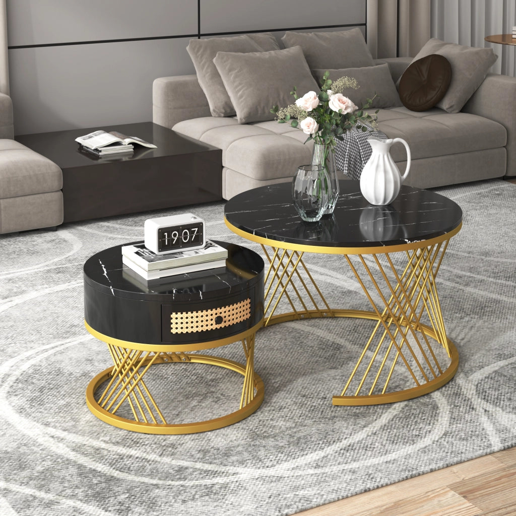 Tavolini da Caffè Impilabili Rotondi con 1 Cassetto; Piano Effetto Marmo; Stile Lusso Leggero; in MDF; Nero; 70×70×45;5 cm