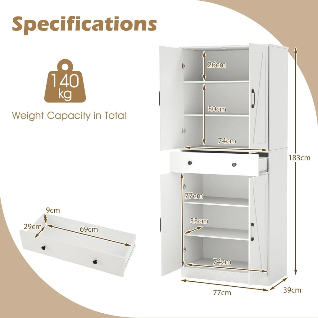 Armadio da cucina alto, 183 cm, buffet, da cucina, a buffet, con cassetto e ante, armadietto alto con ripiani regolabili, armadietto multiuso