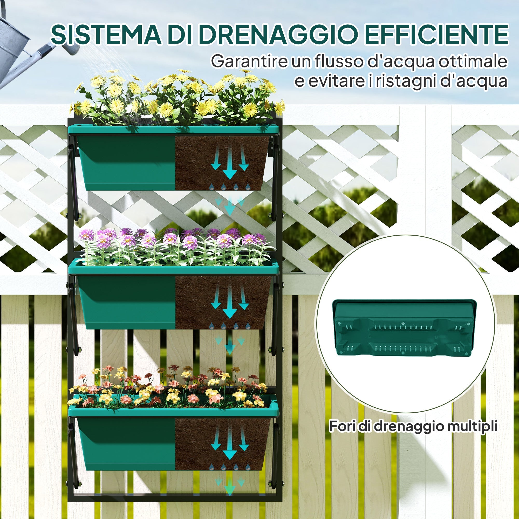 Fioriera da Esterno Verticale 56x42x100 cm 3 Vasi con Fori di Drenaggio in Plastica  Verde