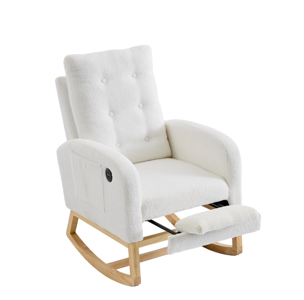 Sedia a dondolo 66.5x121.5x102 cm con poggiapiedi estraibile; tasche laterali; legno; bianco