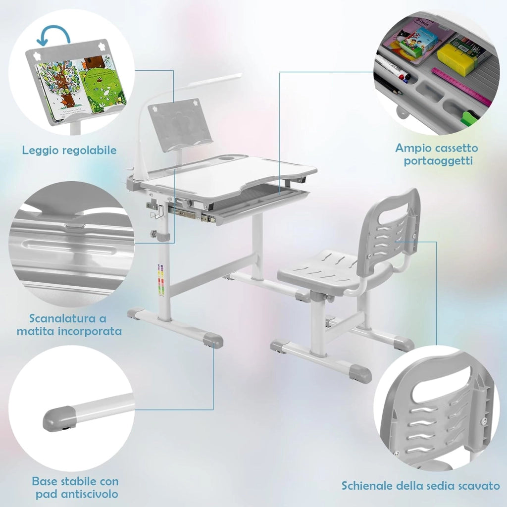 Set Scrivania e Sedia per Bambini, Tavolo Regolabile in Altezza con Piano Inclinabile 45° e Luce LED 3 Modalità, Tavolo e Sedia Ergonomica in Materiali Sicuri per 4+ Anni (Grigio)