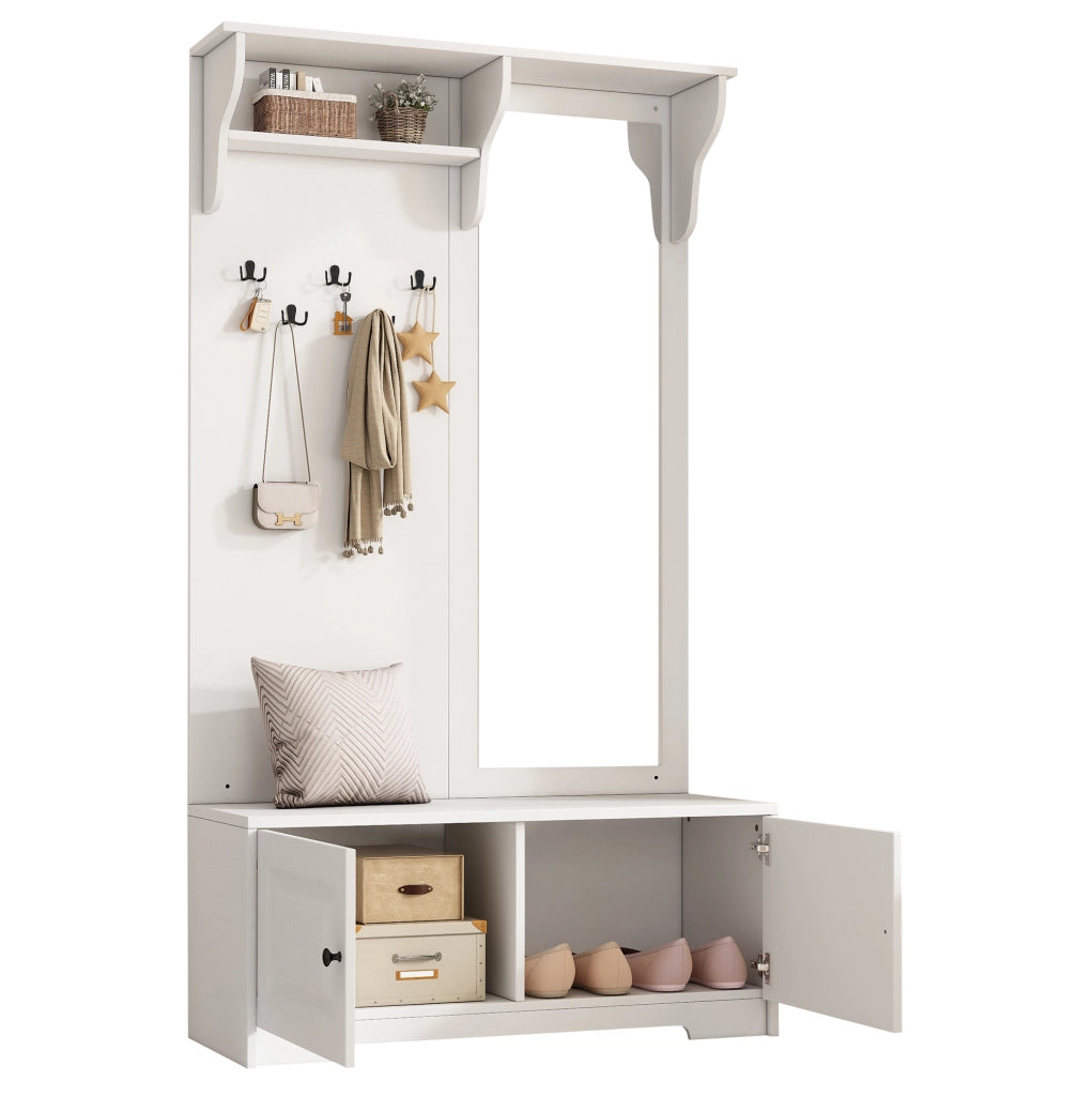 Mobile ingresso multifunzione 100 x 40 x 180 cm con specchio; 5 ganci; 2 vani; bianco
