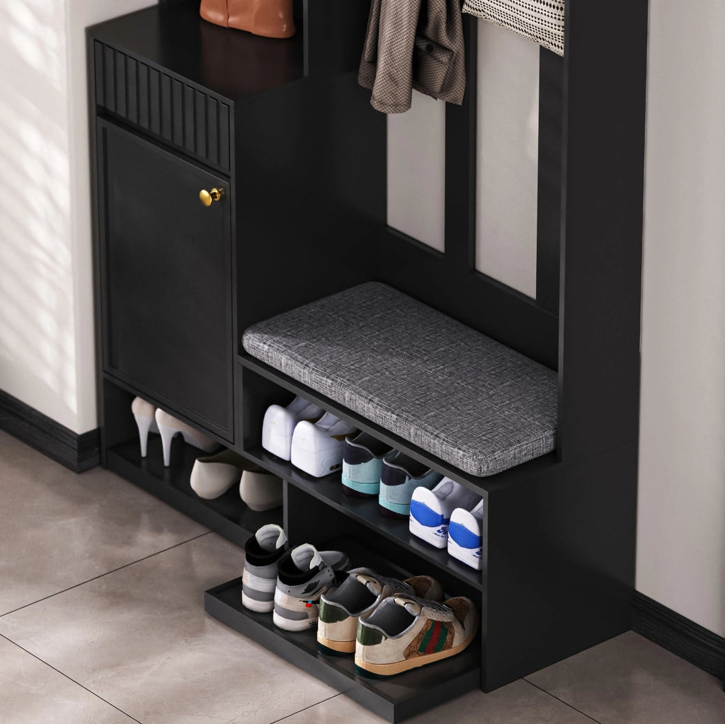 Mobile ingresso multifunzione con panca; 4 ganci; cassetti e pannello forato; 100x180x35 cm; nero