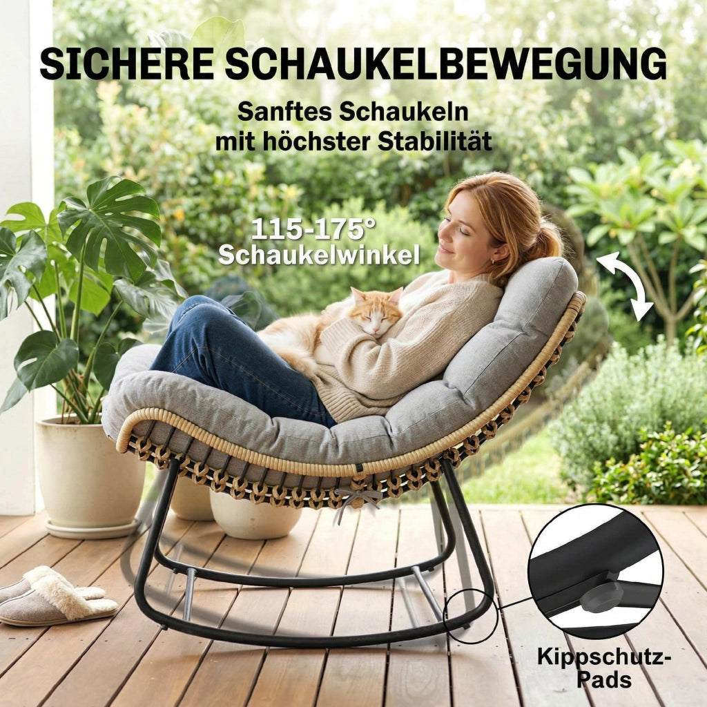 Poltrona a dondolo rattan con cuscini spessi ¨C zephmum ¨C grigio 87x110x70 cm