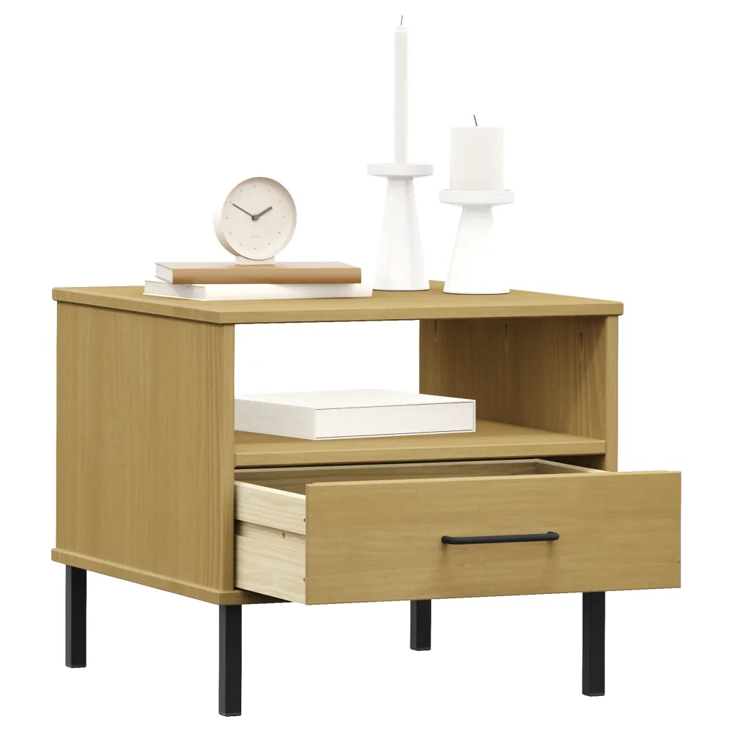 Comodino | Armadio da Notte | Mobiletto da notte con Gambe in Metallo Marrone Legno Massello Pino OSLO