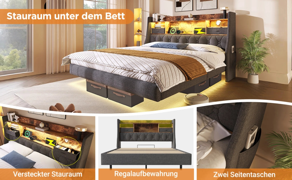 LETTO imbottito 140x190 cm con LED e USB in lino grigio con testiera contenitore