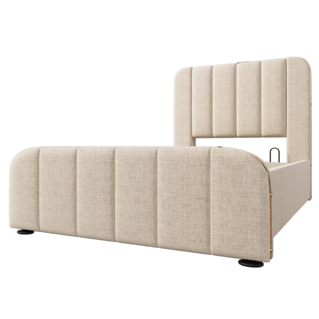 Letto singolo 90x200 cm in lino beige con testiera imbottita; USB e contenitore idraulico