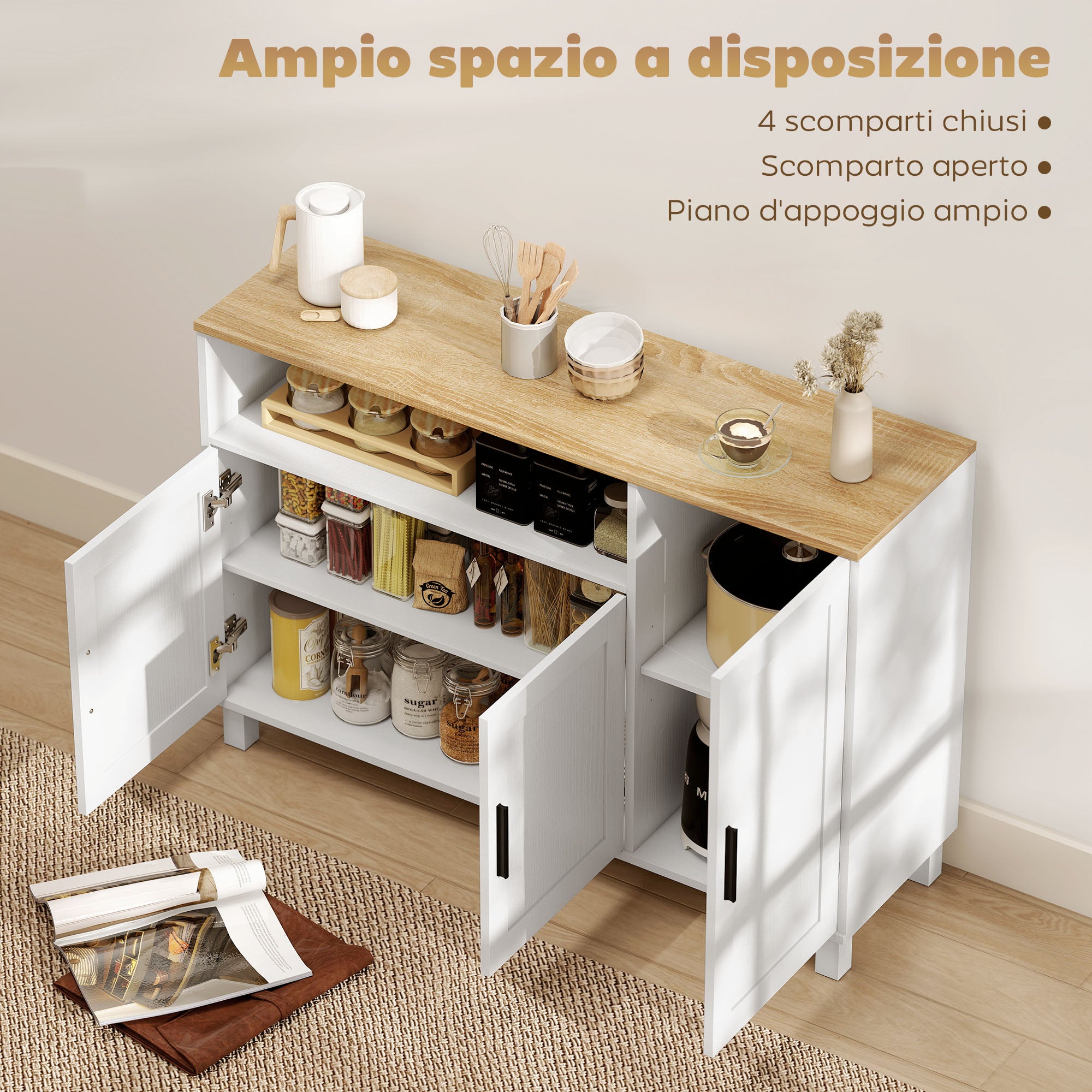 Credenza Cucina 110x33x75 cm con Ante Ammortizzate 2 Armadietti e Vano Aperto in Legno Bianco