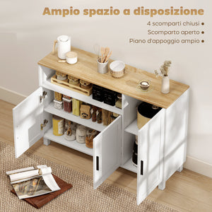 Credenza Cucina 110x33x75 cm con Ante Ammortizzate 2 Armadietti e Vano Aperto in Legno Bianco