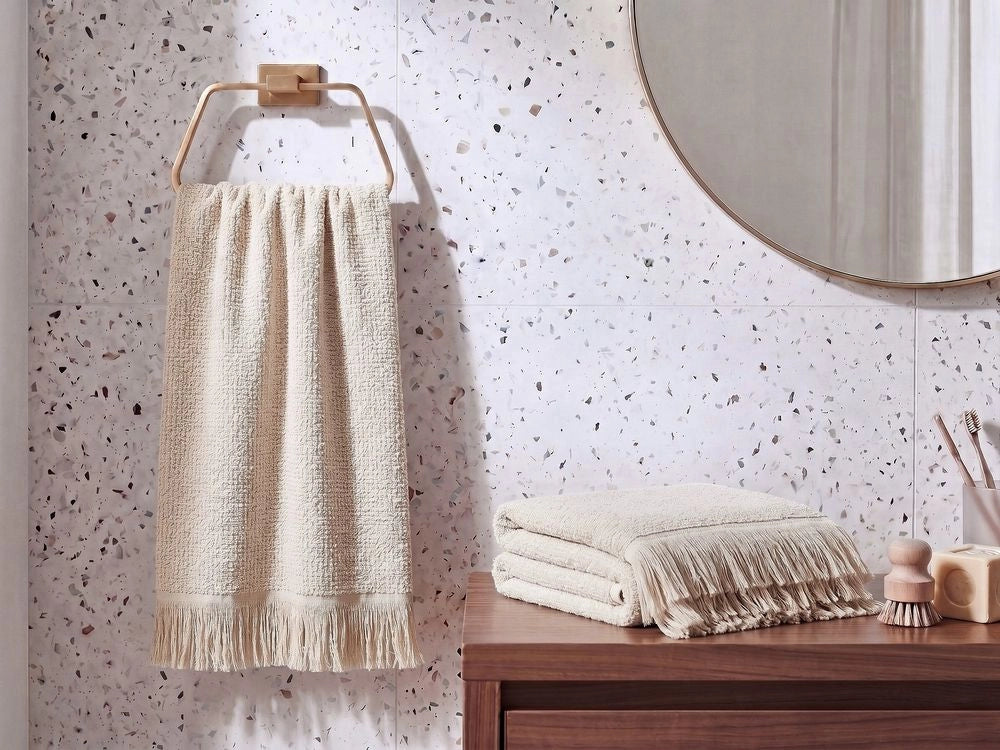 Set di 2 asciugamani bagno in spugna di cotone beige con nappe decorative