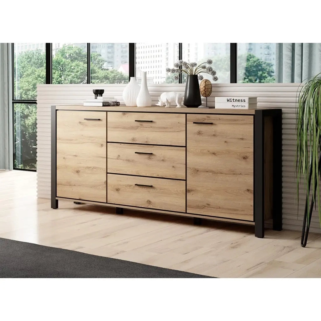 Buffet 180cm collezione TIVORA 2 ante, 3 cassetti. Colore rovere e nero