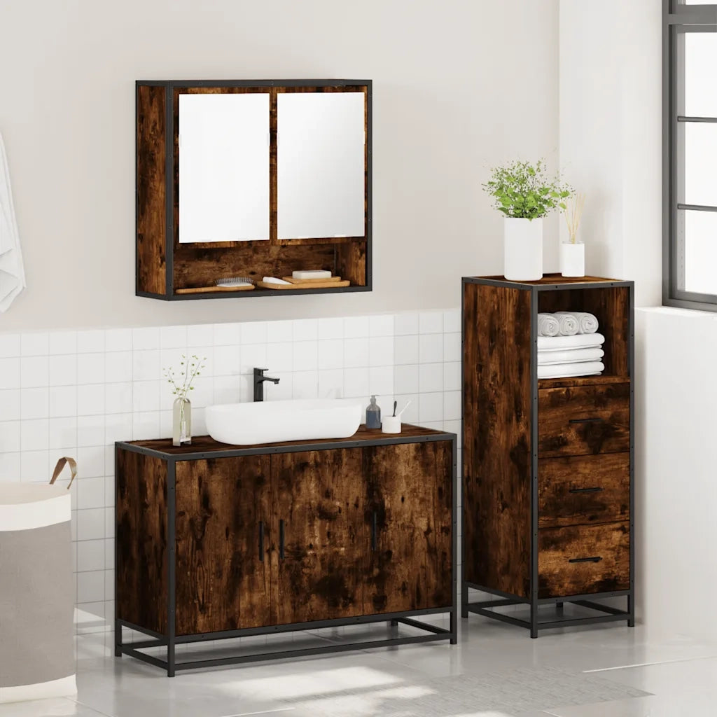 Set Mobili da Bagno 3 pz Rovere Fumo in Legno Multistrato 3301042