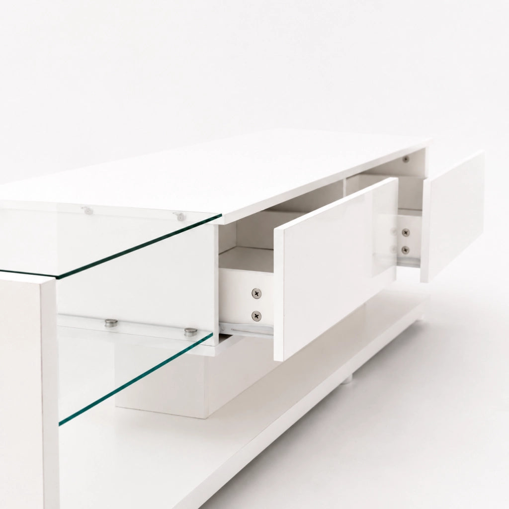 Mobile TV 170x36x38 cm; 2 cassetti e 2 ripiani in vetro; illuminazione LED; truciolare bianco