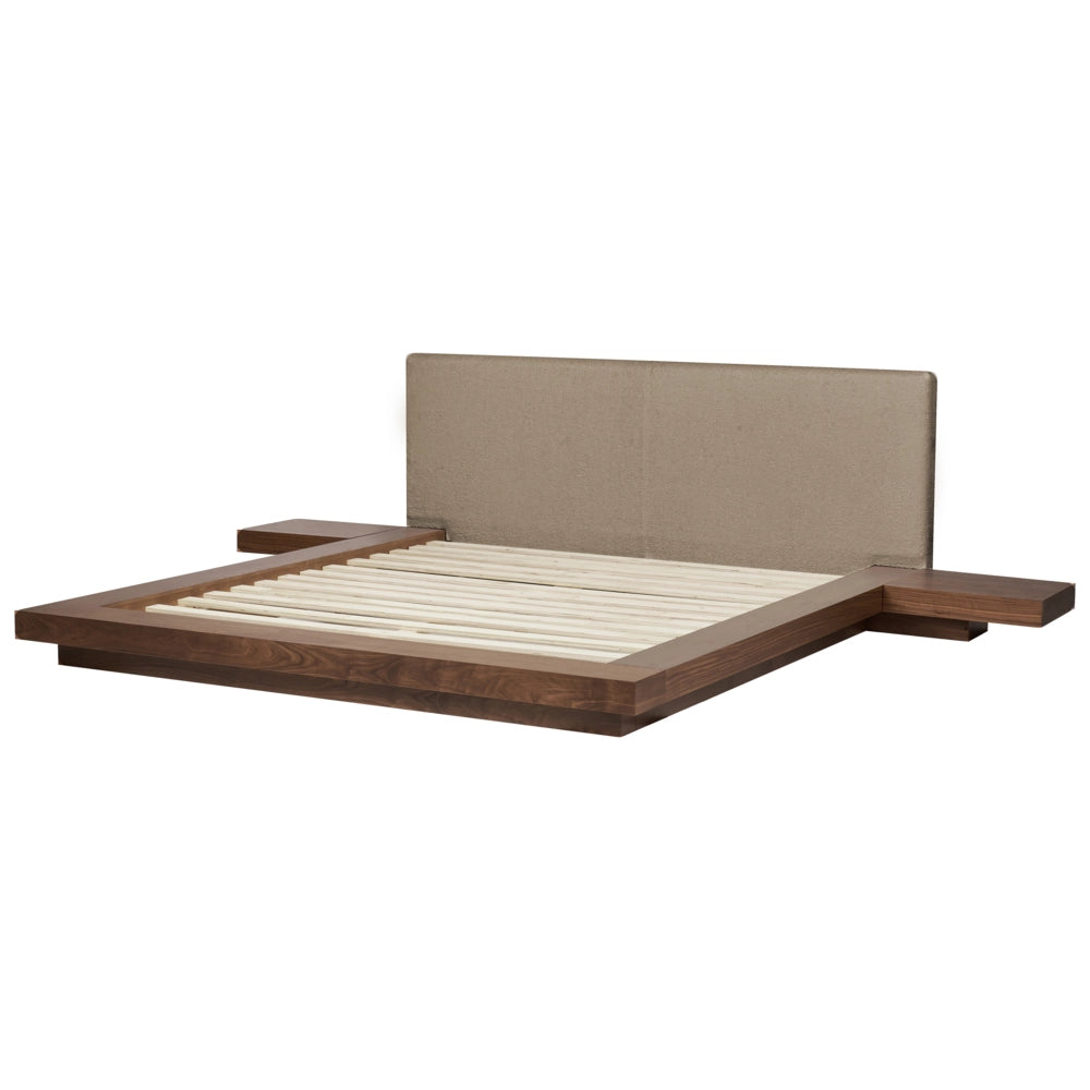 Letto in Stile Giapponese in Legno di Frassino Marrone 180 x 200 cm con Impiallacciatura in Legno e Testiera in Bouclé